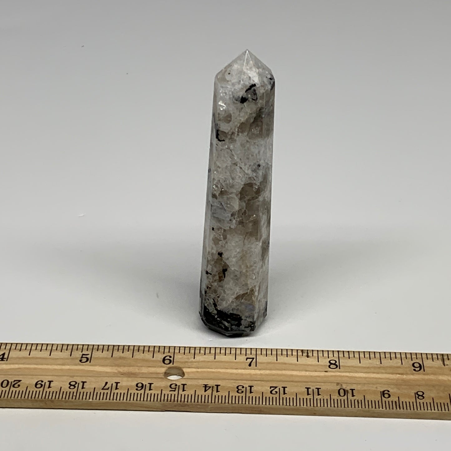 74.2g, 3.7"x0.8", Rainbow Moonstone Tower Obelisk Point Crystal @India, B29247