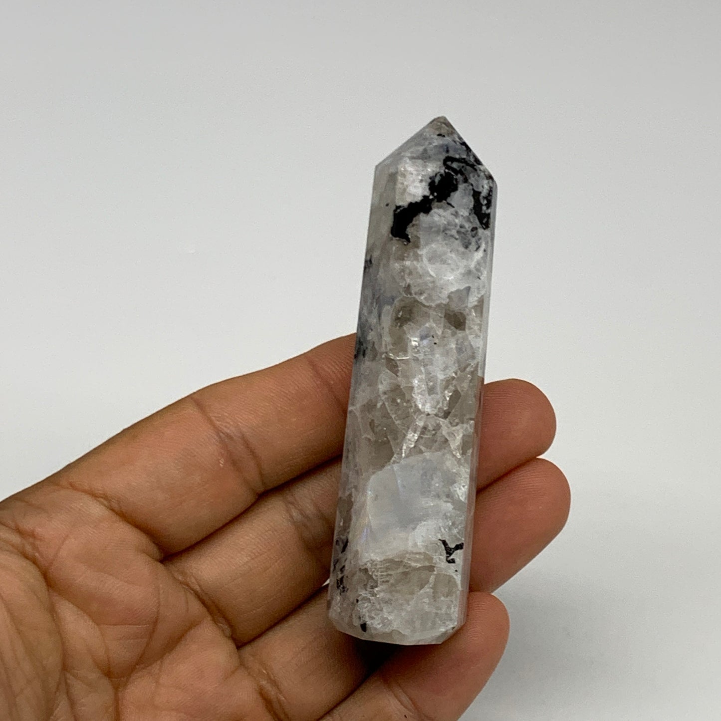 68.2g, 3.2"x0.8", Rainbow Moonstone Tower Obelisk Point Crystal @India, B29245