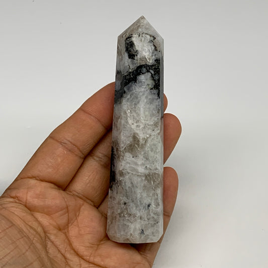 102.4g, 4.1"x0.9", Rainbow Moonstone Tower Obelisk Point Crystal @India, B29242