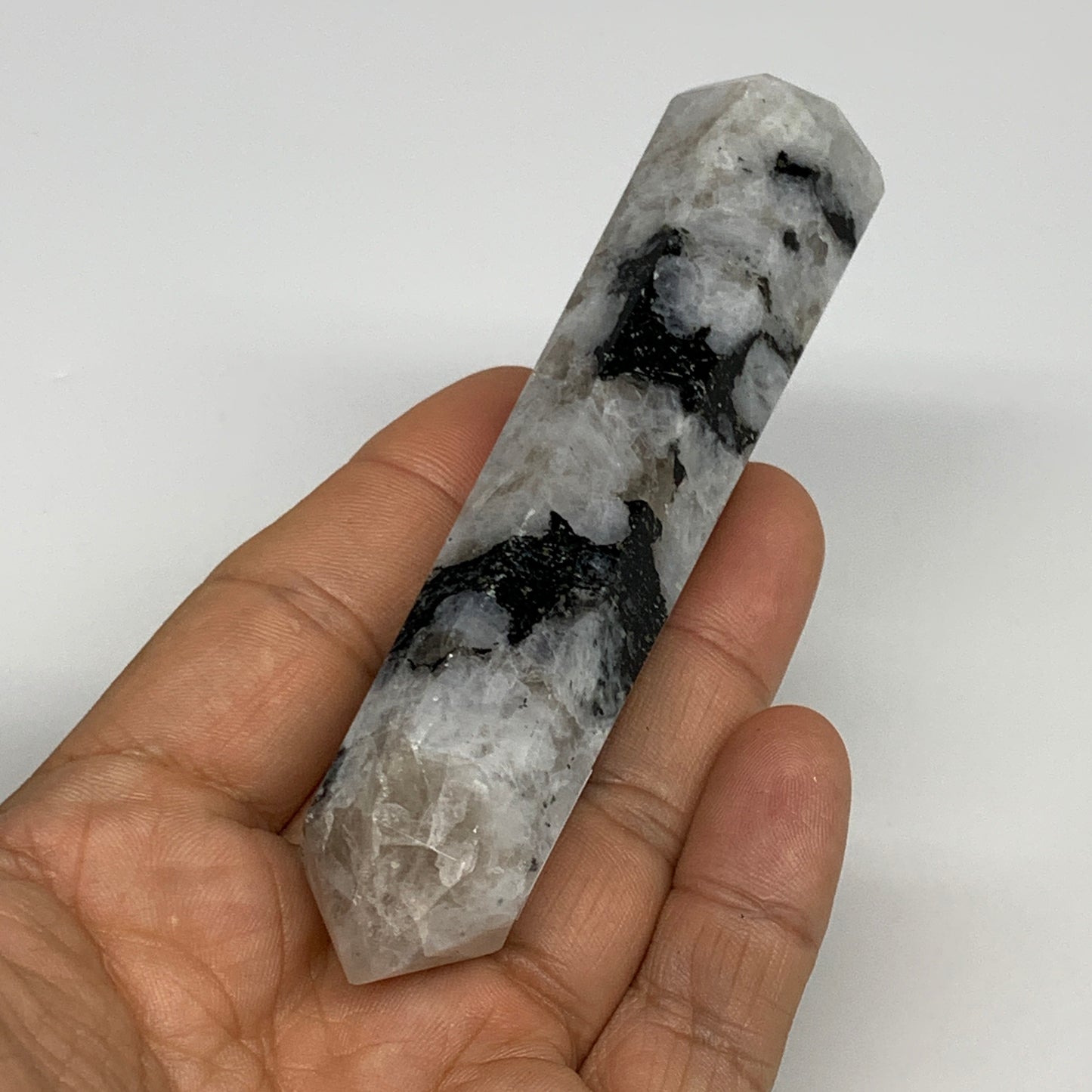 102.4g, 4.1"x0.9", Rainbow Moonstone Tower Obelisk Point Crystal @India, B29242