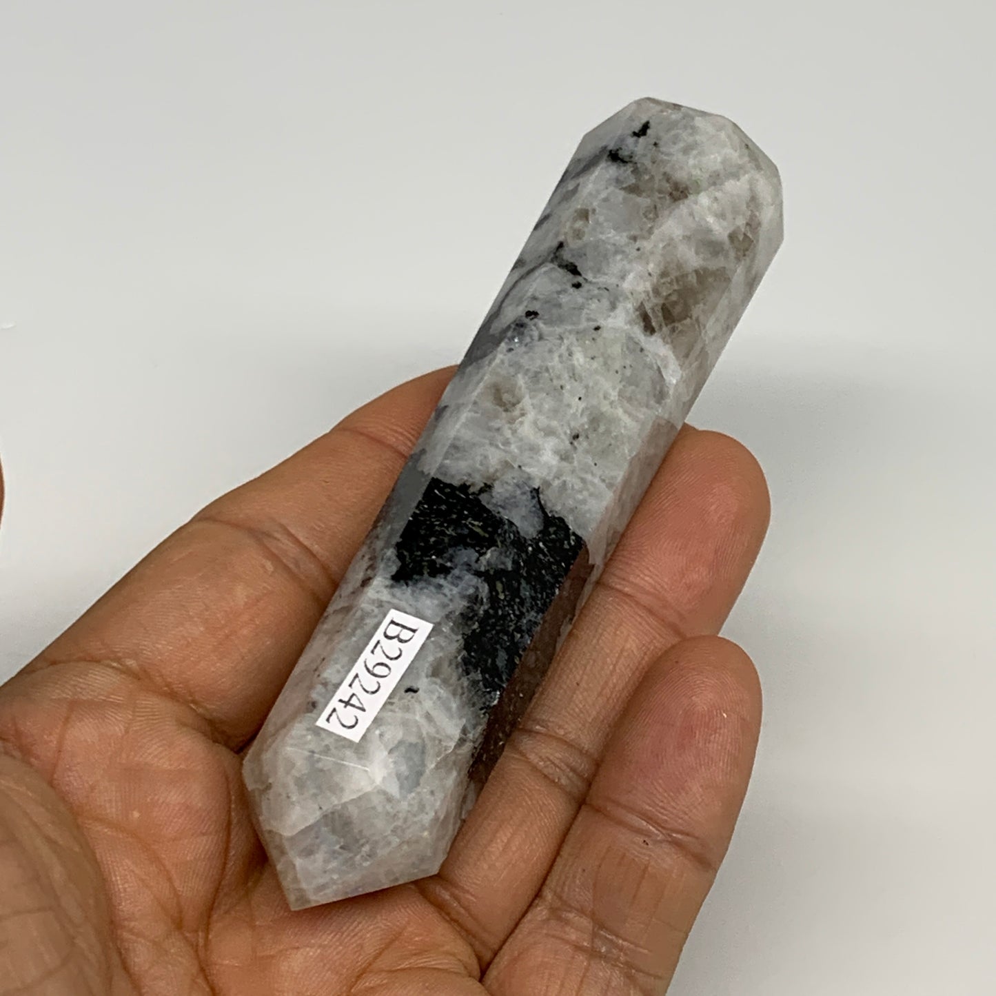 102.4g, 4.1"x0.9", Rainbow Moonstone Tower Obelisk Point Crystal @India, B29242