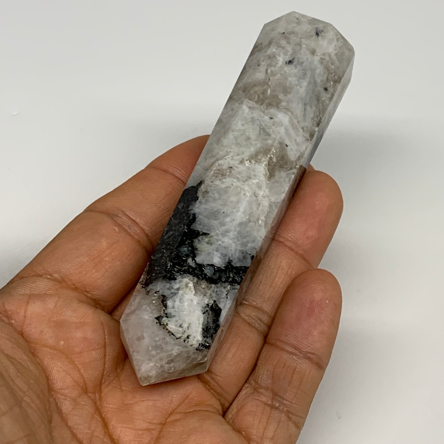 102.4g, 4.1"x0.9", Rainbow Moonstone Tower Obelisk Point Crystal @India, B29242