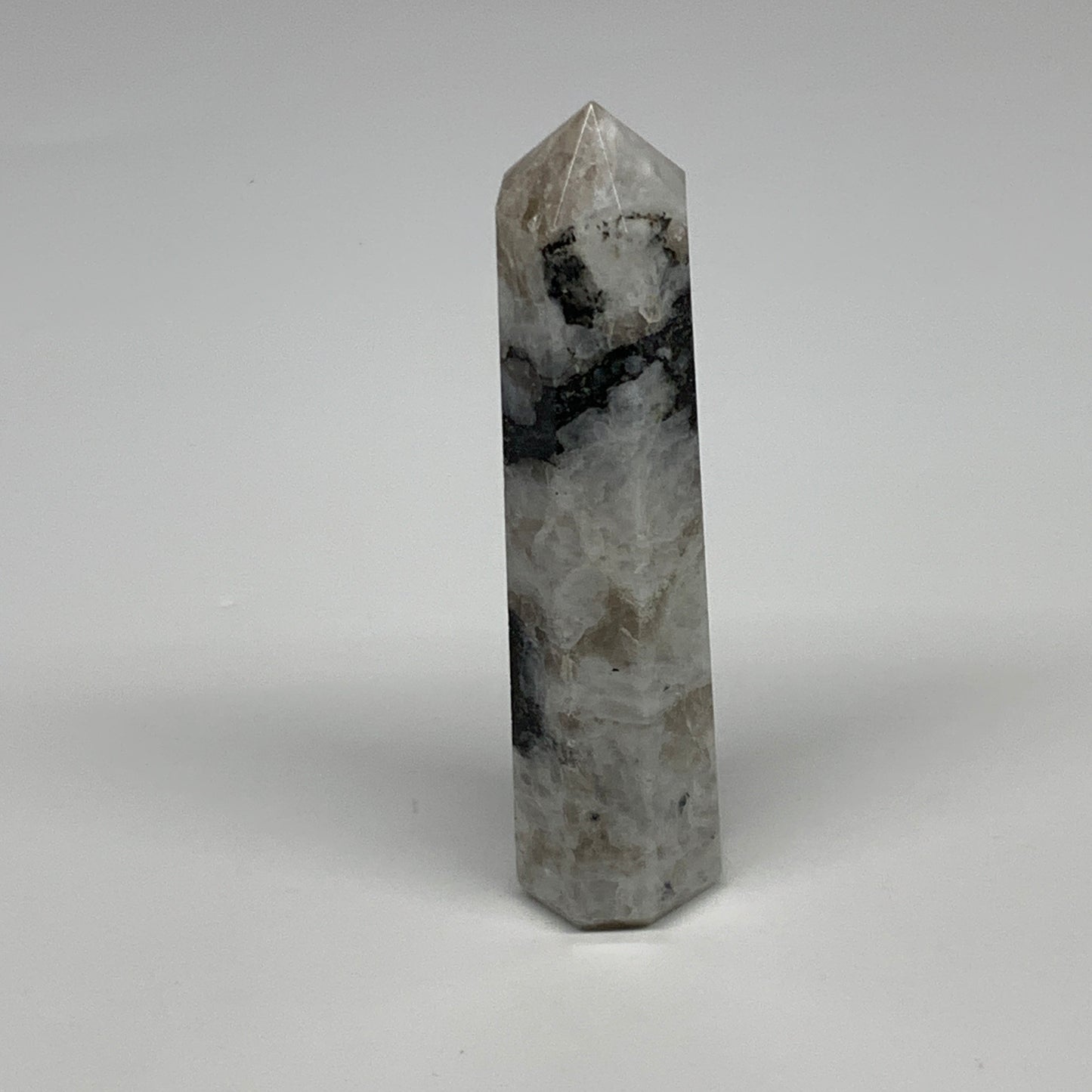 102.4g, 4.1"x0.9", Rainbow Moonstone Tower Obelisk Point Crystal @India, B29242