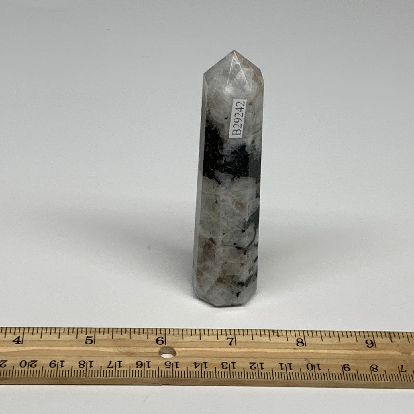 102.4g, 4.1"x0.9", Rainbow Moonstone Tower Obelisk Point Crystal @India, B29242