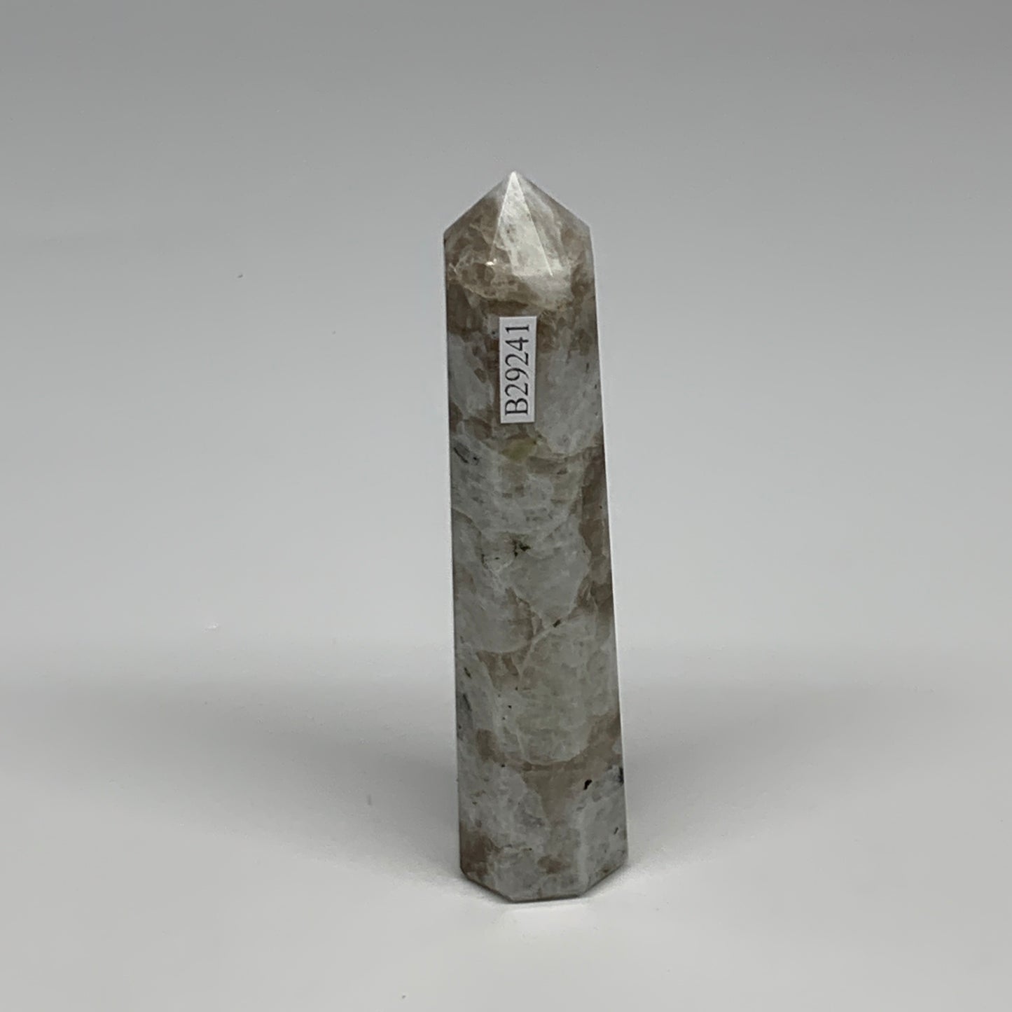 107.3g, 4.2"x1", Rainbow Moonstone Tower Obelisk Point Crystal @India, B29241