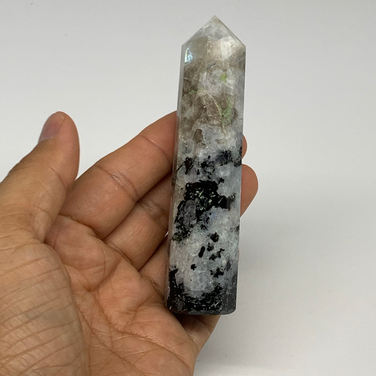 116.6g, 4"x0.9", Rainbow Moonstone Tower Obelisk Point Crystal @India, B29240