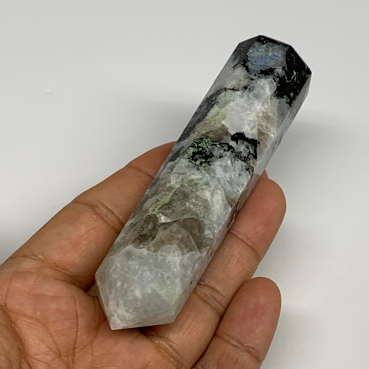 116.6g, 4"x0.9", Rainbow Moonstone Tower Obelisk Point Crystal @India, B29240