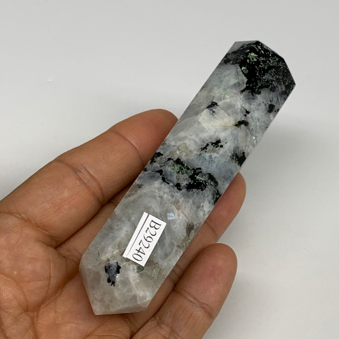 116.6g, 4"x0.9", Rainbow Moonstone Tower Obelisk Point Crystal @India, B29240