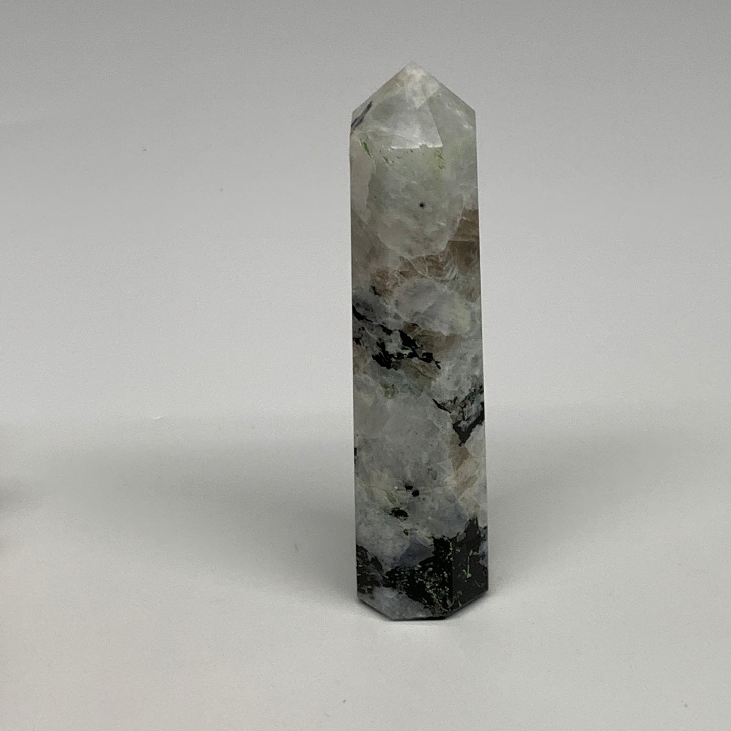 116.6g, 4"x0.9", Rainbow Moonstone Tower Obelisk Point Crystal @India, B29240