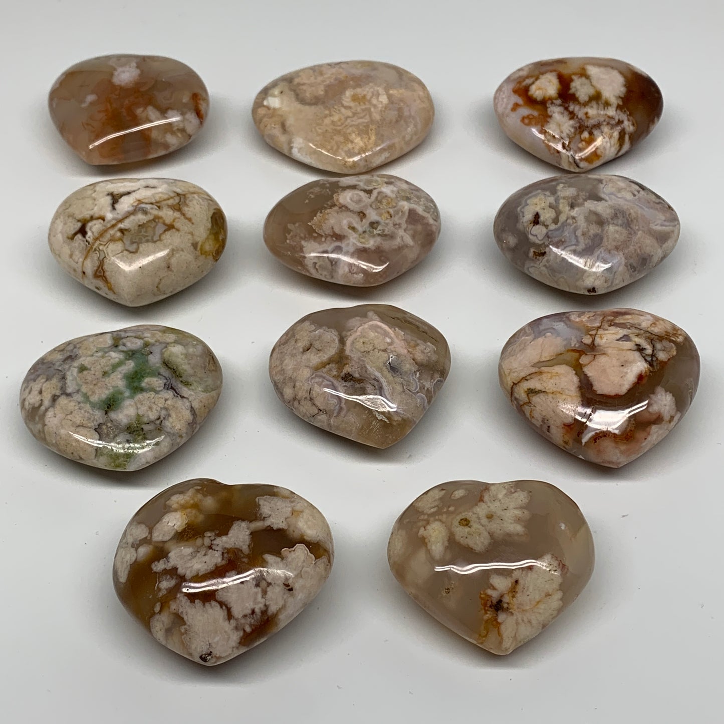 2.3 lbs, 1.9"-2.4",11pcs, Cherry Blossom Flower Agate Heart Crystal, B37182