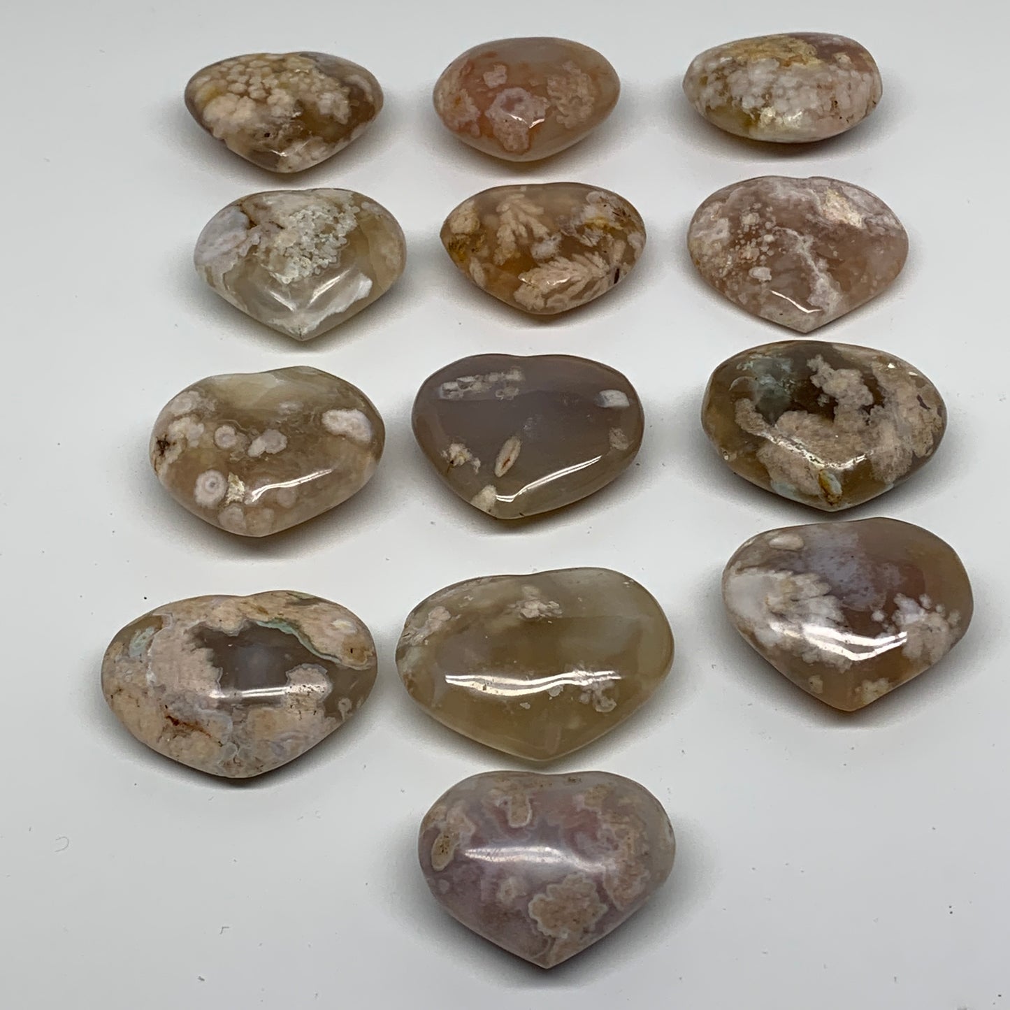 2.13 lbs, 1.6"-2.1",13pcs, Cherry Blossom Flower Agate Heart Crystal, B37183