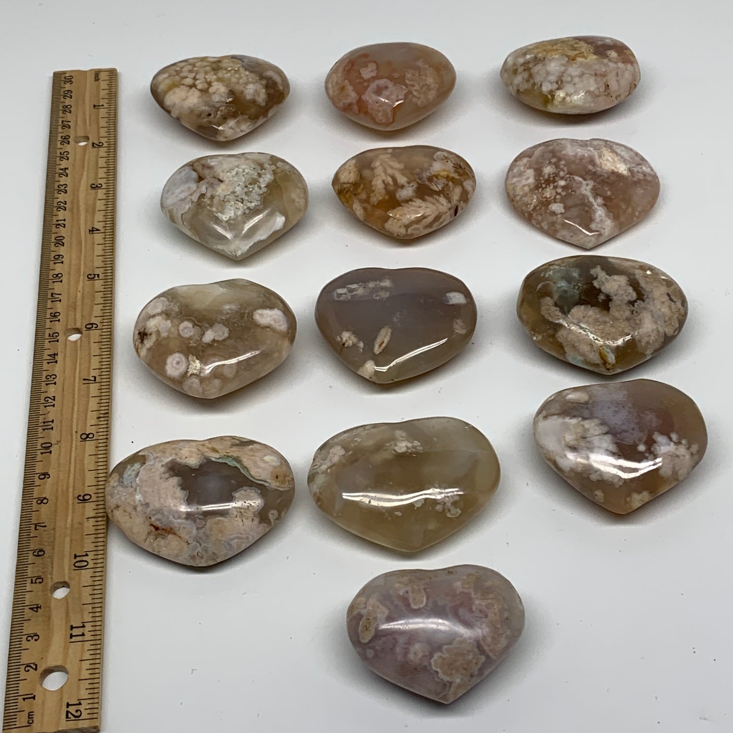 2.13 lbs, 1.6"-2.1",13pcs, Cherry Blossom Flower Agate Heart Crystal, B37183