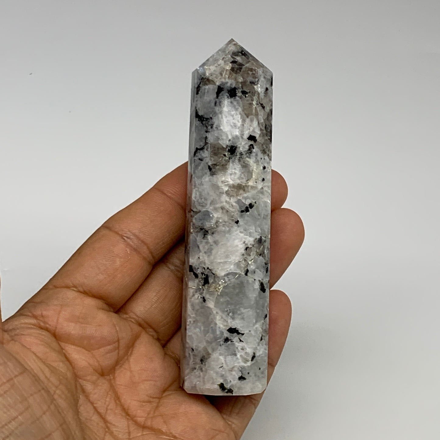 119.7g, 4.1"x0.9", Rainbow Moonstone Tower Obelisk Point Crystal @India, B29236