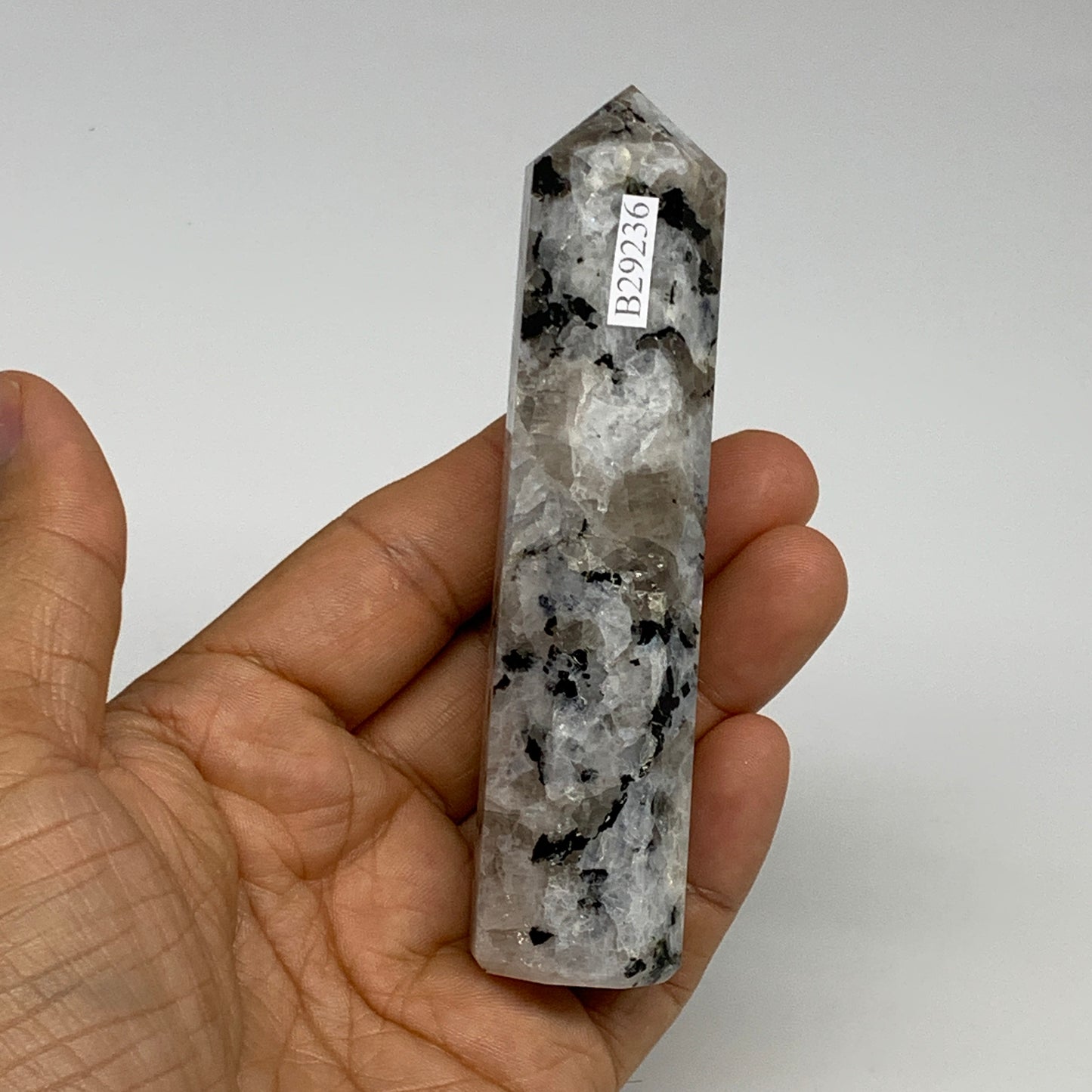 119.7g, 4.1"x0.9", Rainbow Moonstone Tower Obelisk Point Crystal @India, B29236