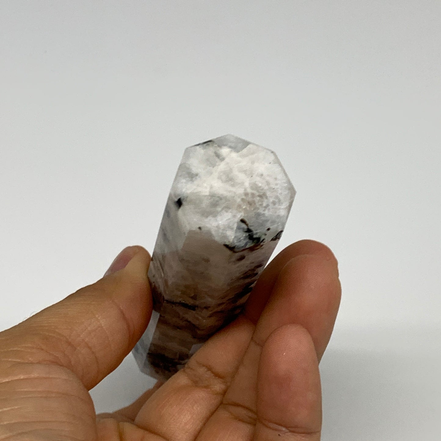 119.7g, 4.1"x0.9", Rainbow Moonstone Tower Obelisk Point Crystal @India, B29236