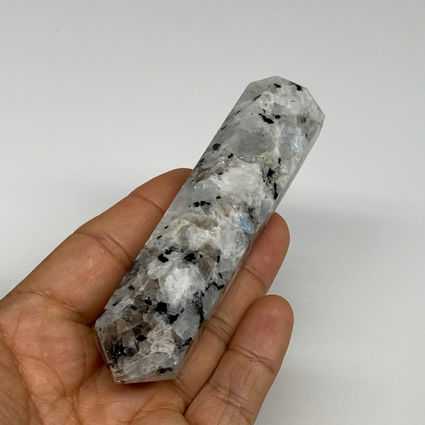 119.7g, 4.1"x0.9", Rainbow Moonstone Tower Obelisk Point Crystal @India, B29236