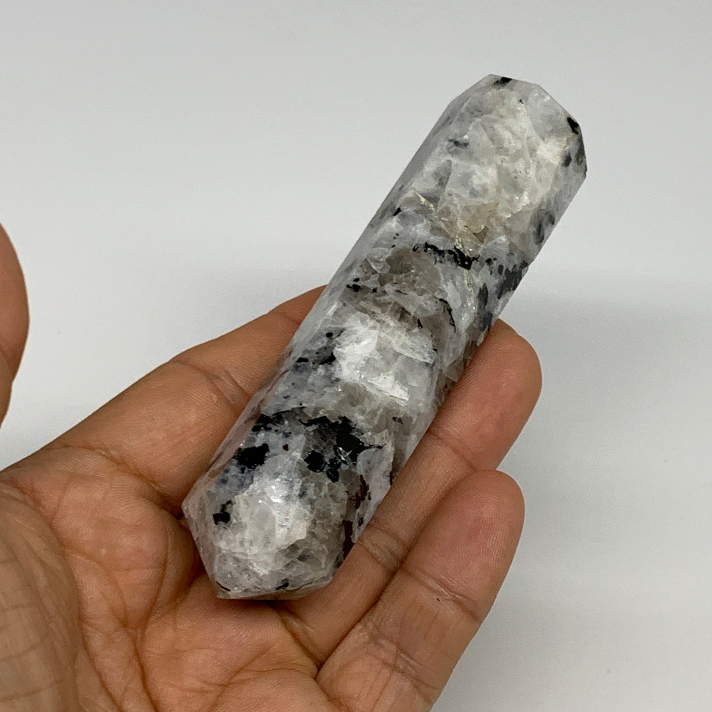 119.7g, 4.1"x0.9", Rainbow Moonstone Tower Obelisk Point Crystal @India, B29236