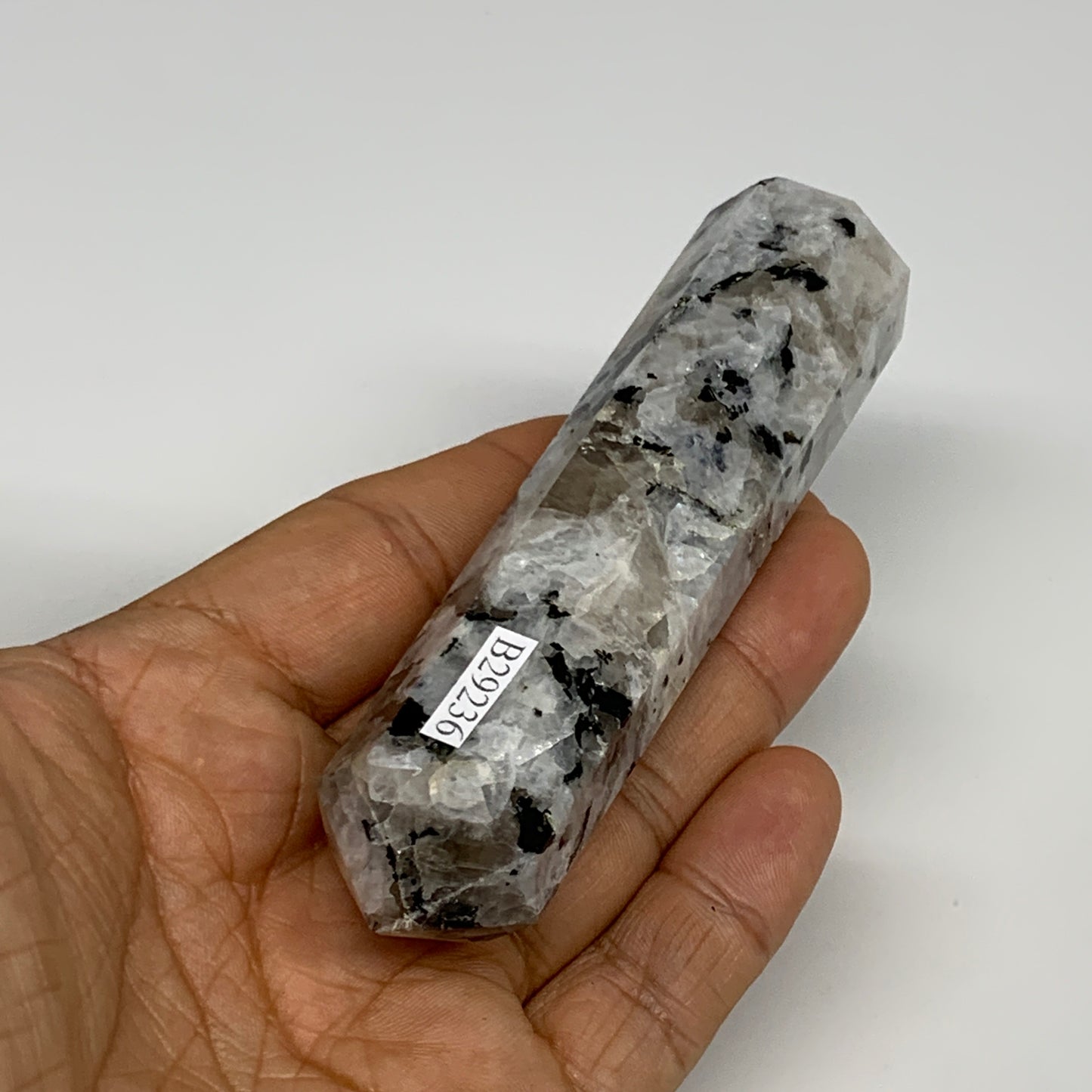 119.7g, 4.1"x0.9", Rainbow Moonstone Tower Obelisk Point Crystal @India, B29236