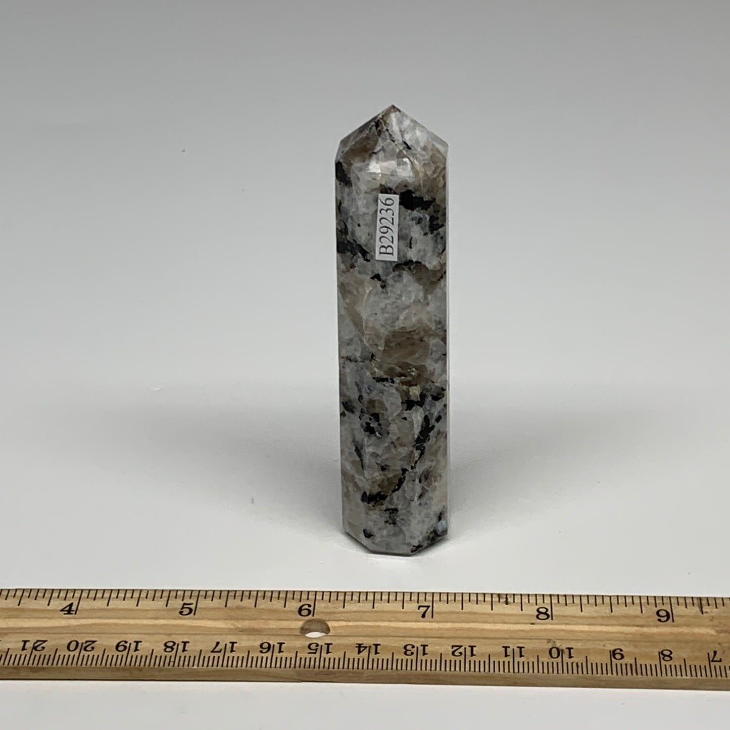 119.7g, 4.1"x0.9", Rainbow Moonstone Tower Obelisk Point Crystal @India, B29236