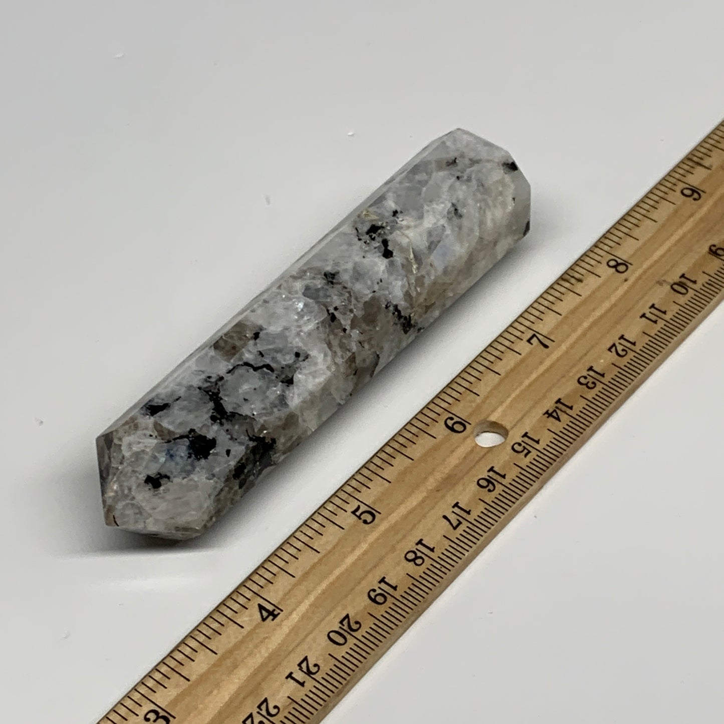 119.7g, 4.1"x0.9", Rainbow Moonstone Tower Obelisk Point Crystal @India, B29236