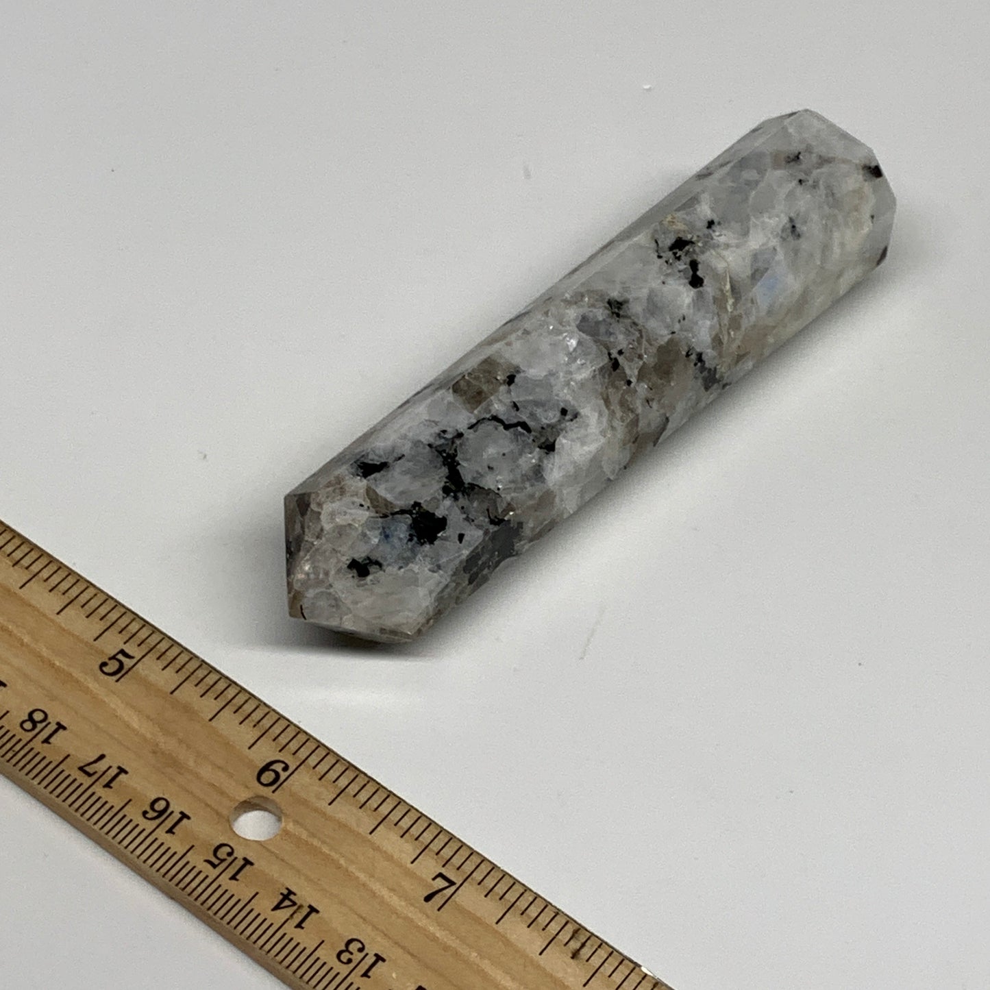 119.7g, 4.1"x0.9", Rainbow Moonstone Tower Obelisk Point Crystal @India, B29236