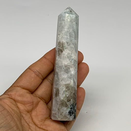 116.8g, 4.5"x0.9", Rainbow Moonstone Tower Obelisk Point Crystal @India, B29233