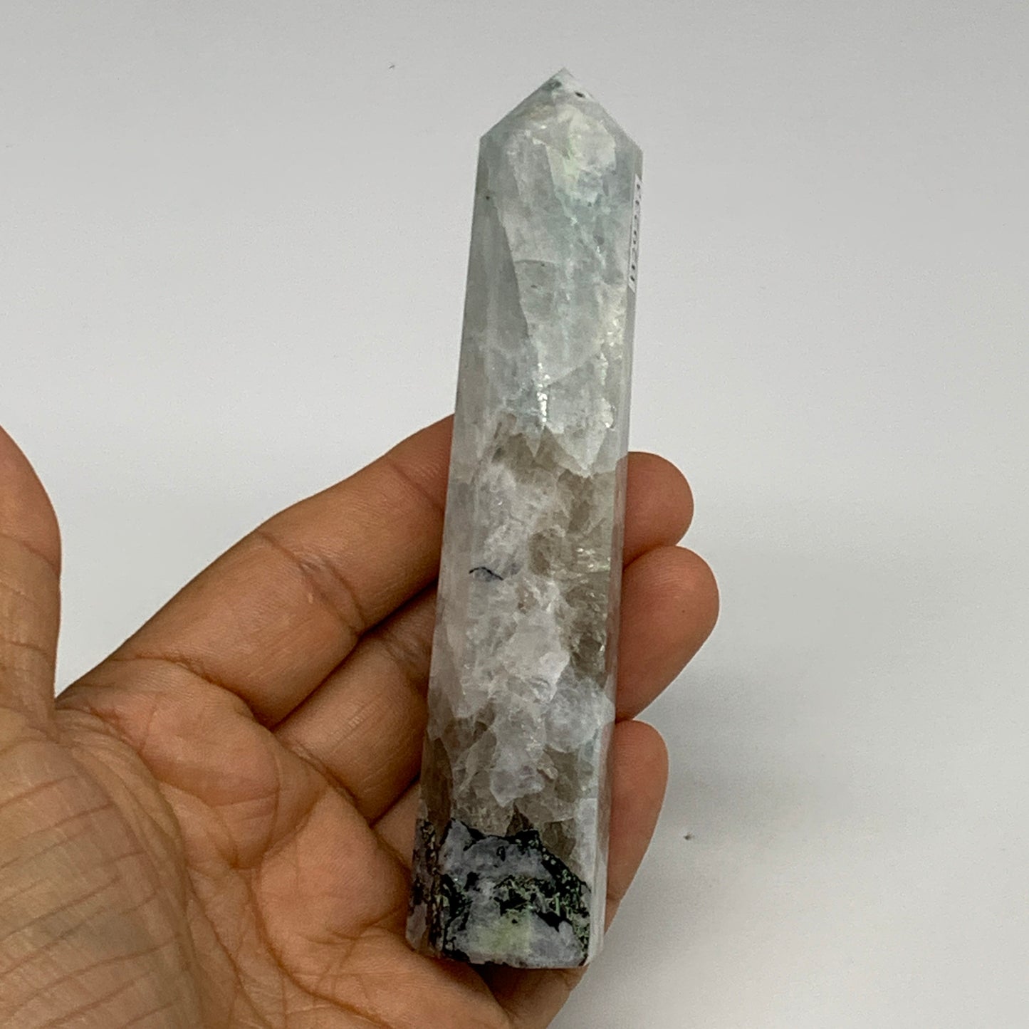 116.8g, 4.5"x0.9", Rainbow Moonstone Tower Obelisk Point Crystal @India, B29233