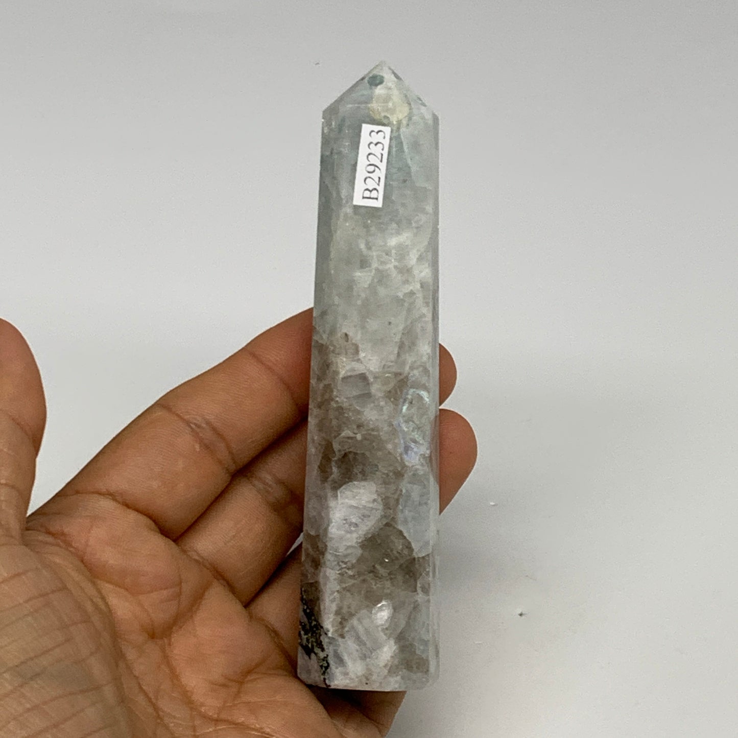 116.8g, 4.5"x0.9", Rainbow Moonstone Tower Obelisk Point Crystal @India, B29233