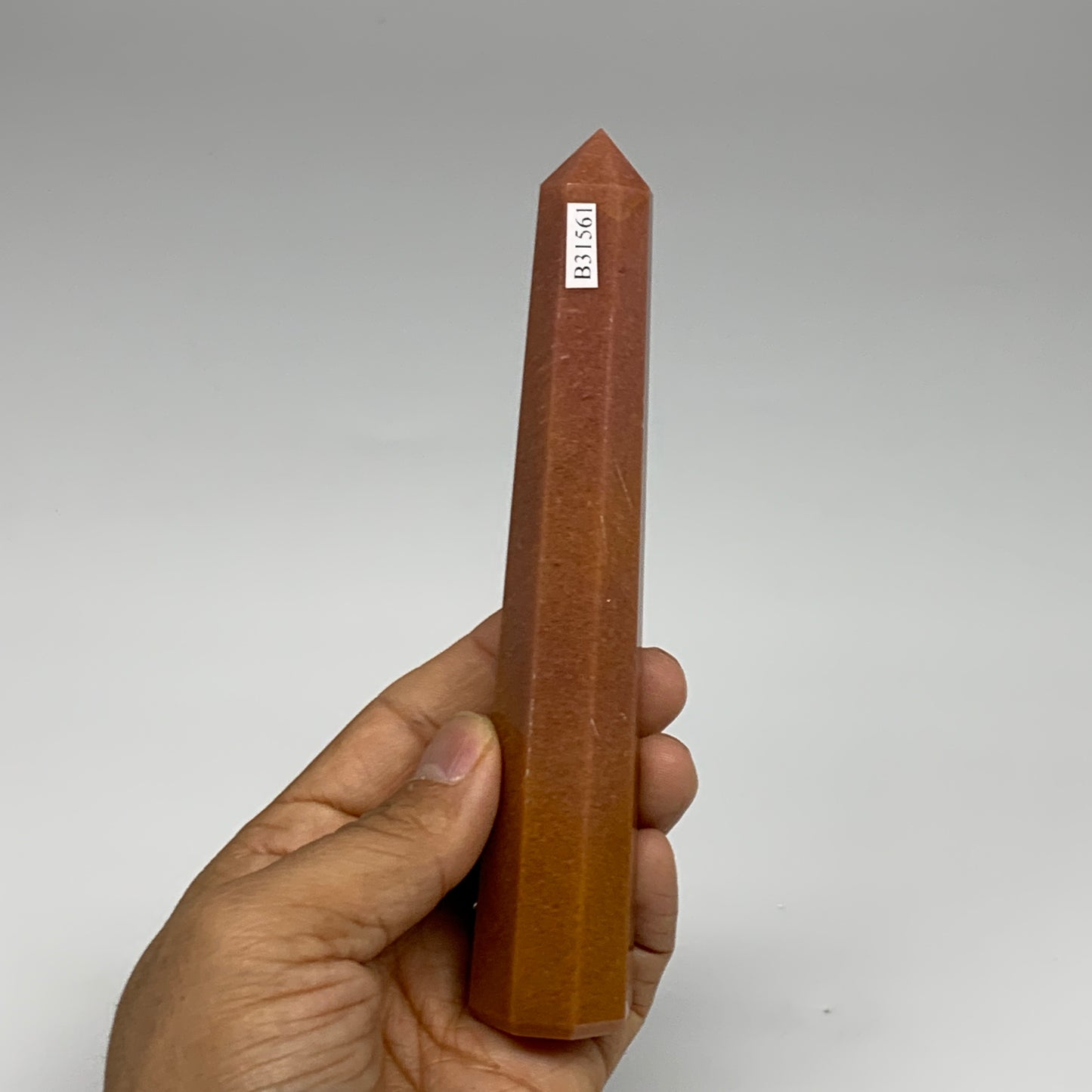 158.9g, 5.8"x1.1"x1.1" Red Aventurine Tower Obelisk Point Crystal @India,B31561