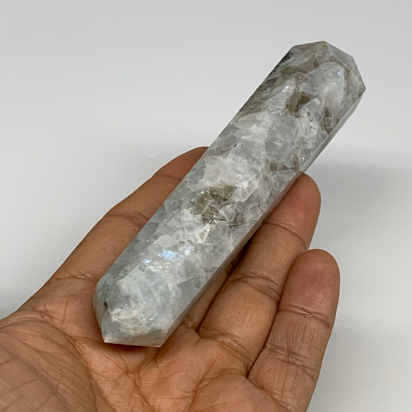 116.8g, 4.5"x0.9", Rainbow Moonstone Tower Obelisk Point Crystal @India, B29233