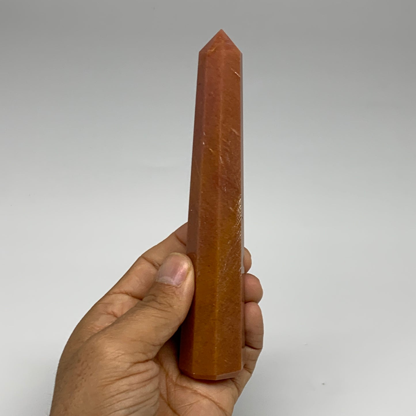 158.9g, 5.8"x1.1"x1.1" Red Aventurine Tower Obelisk Point Crystal @India,B31561