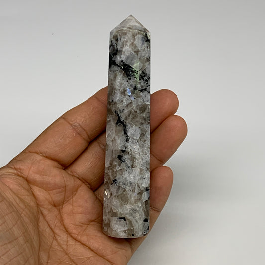 102.5g, 4.2"x0.9", Rainbow Moonstone Tower Obelisk Point Crystal @India, B29229