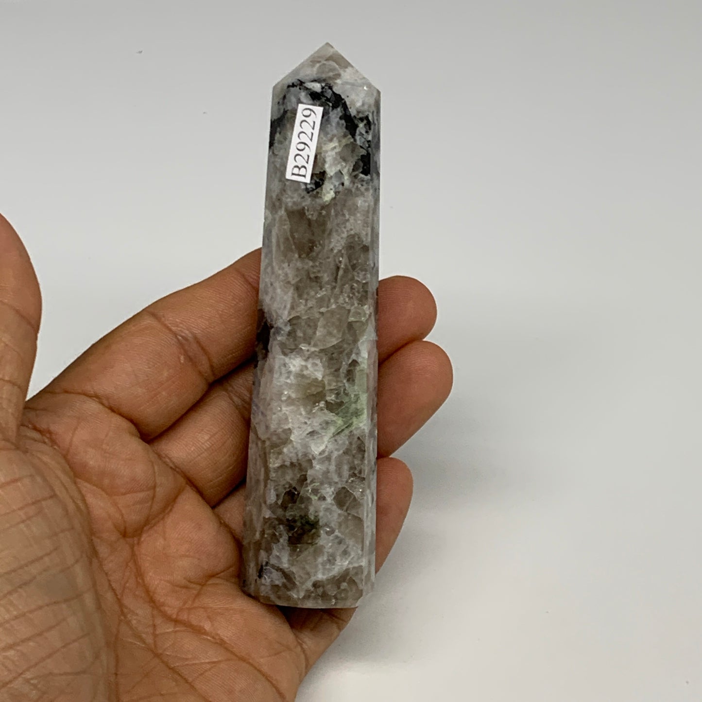 102.5g, 4.2"x0.9", Rainbow Moonstone Tower Obelisk Point Crystal @India, B29229