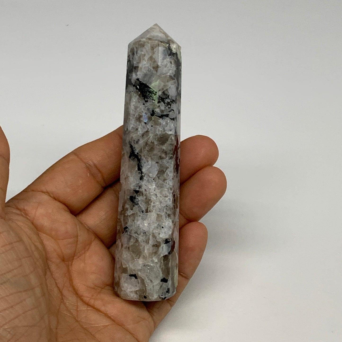 102.5g, 4.2"x0.9", Rainbow Moonstone Tower Obelisk Point Crystal @India, B29229