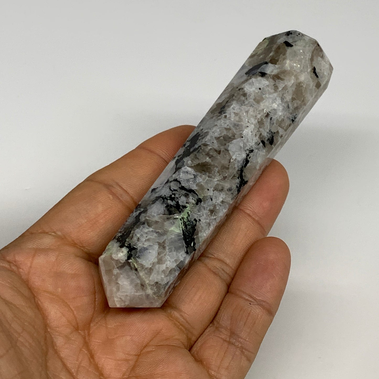 102.5g, 4.2"x0.9", Rainbow Moonstone Tower Obelisk Point Crystal @India, B29229