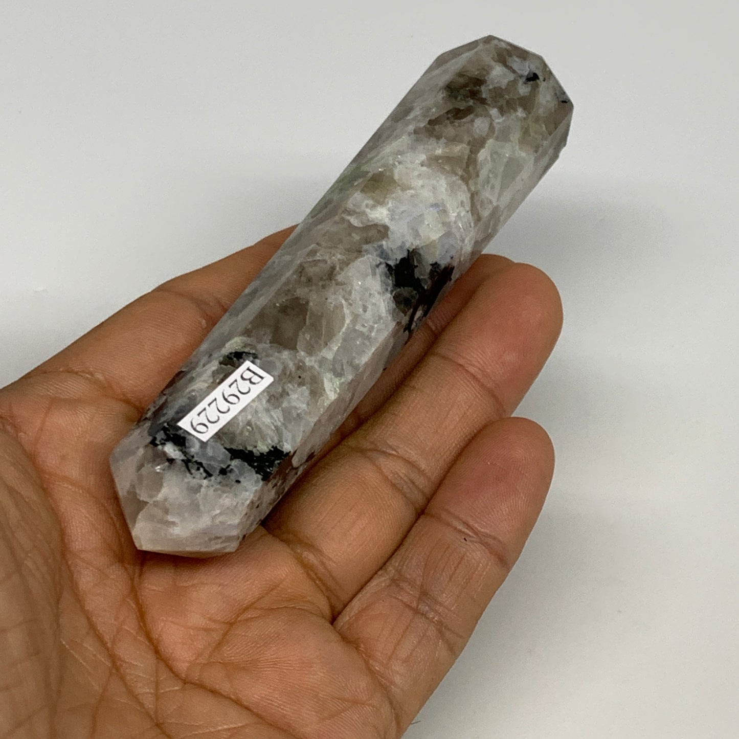 102.5g, 4.2"x0.9", Rainbow Moonstone Tower Obelisk Point Crystal @India, B29229