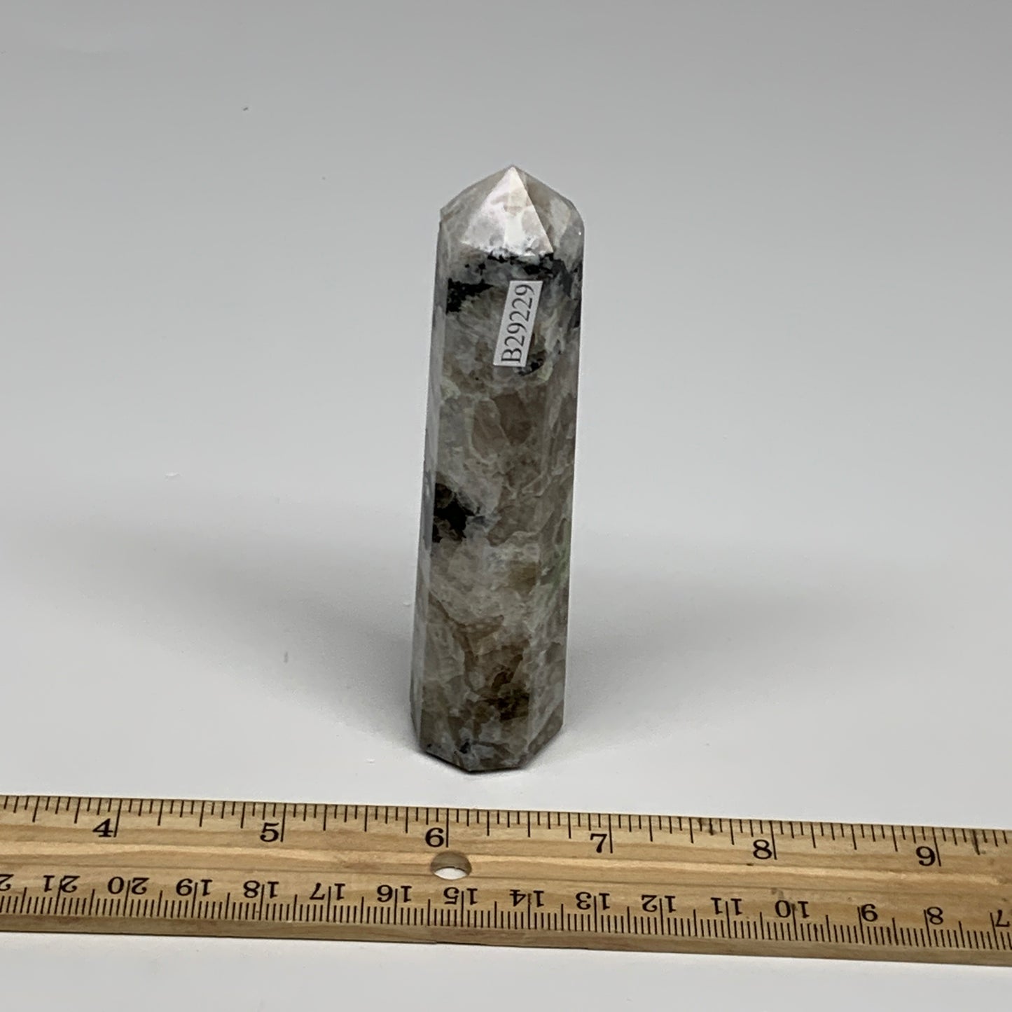 102.5g, 4.2"x0.9", Rainbow Moonstone Tower Obelisk Point Crystal @India, B29229