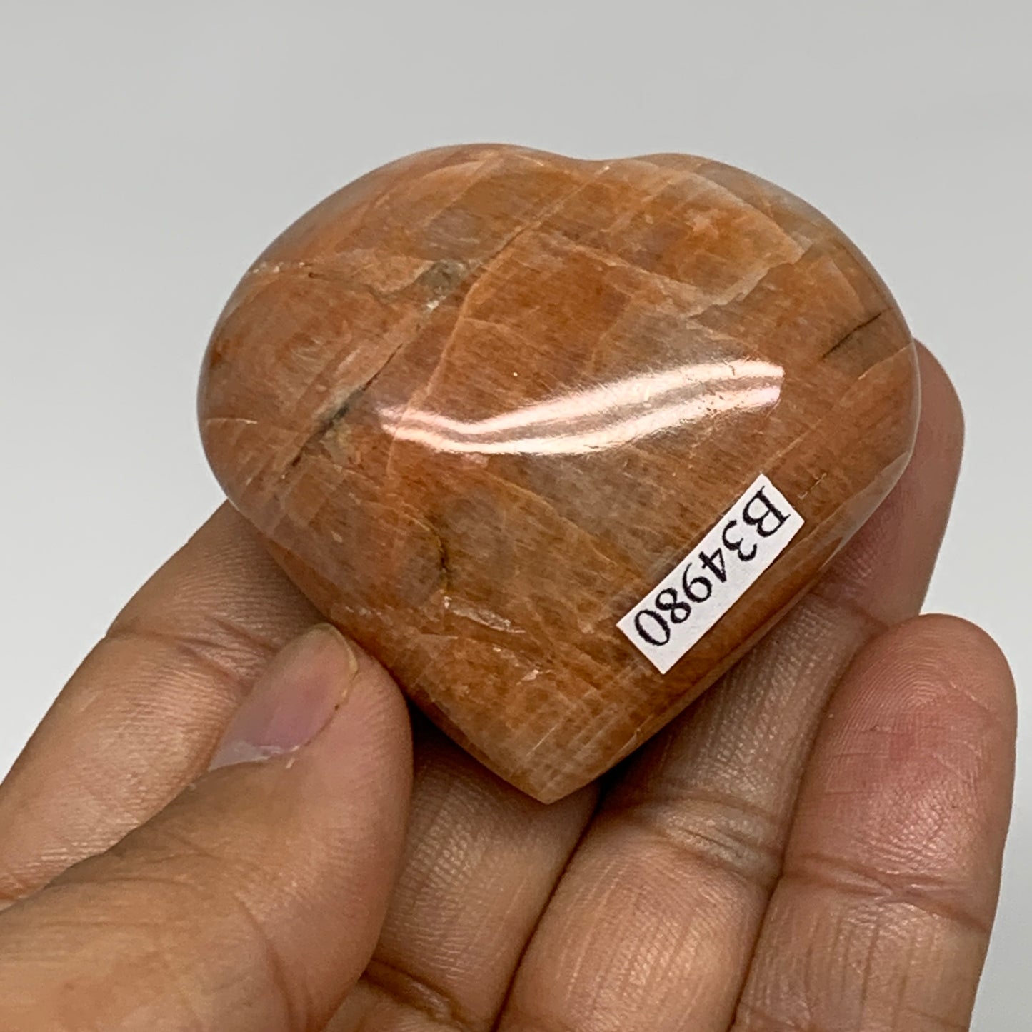 73.1g, 1.8"x2"x1", Peach Moonstone Heart Crystal Polished, B34980