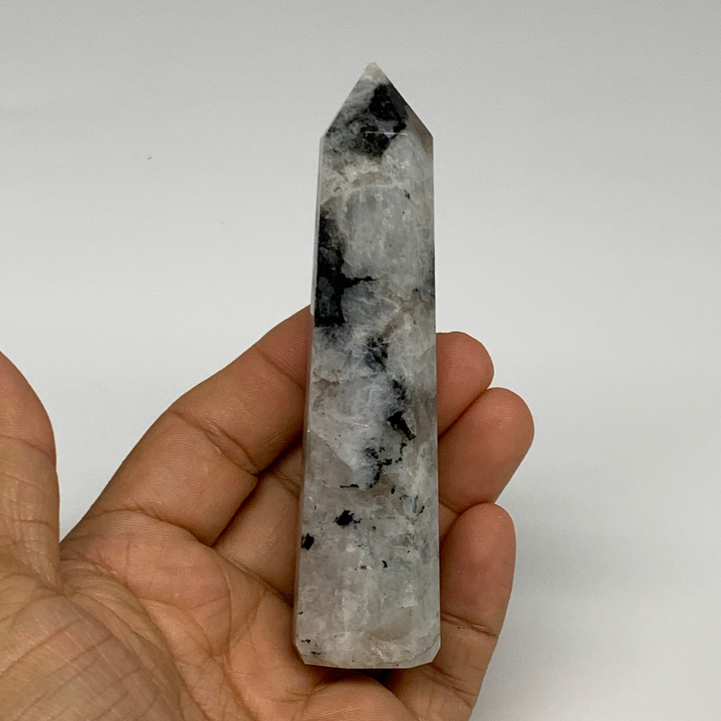 94.4g, 4"x1", Rainbow Moonstone Tower Obelisk Point Crystal @India, B29225