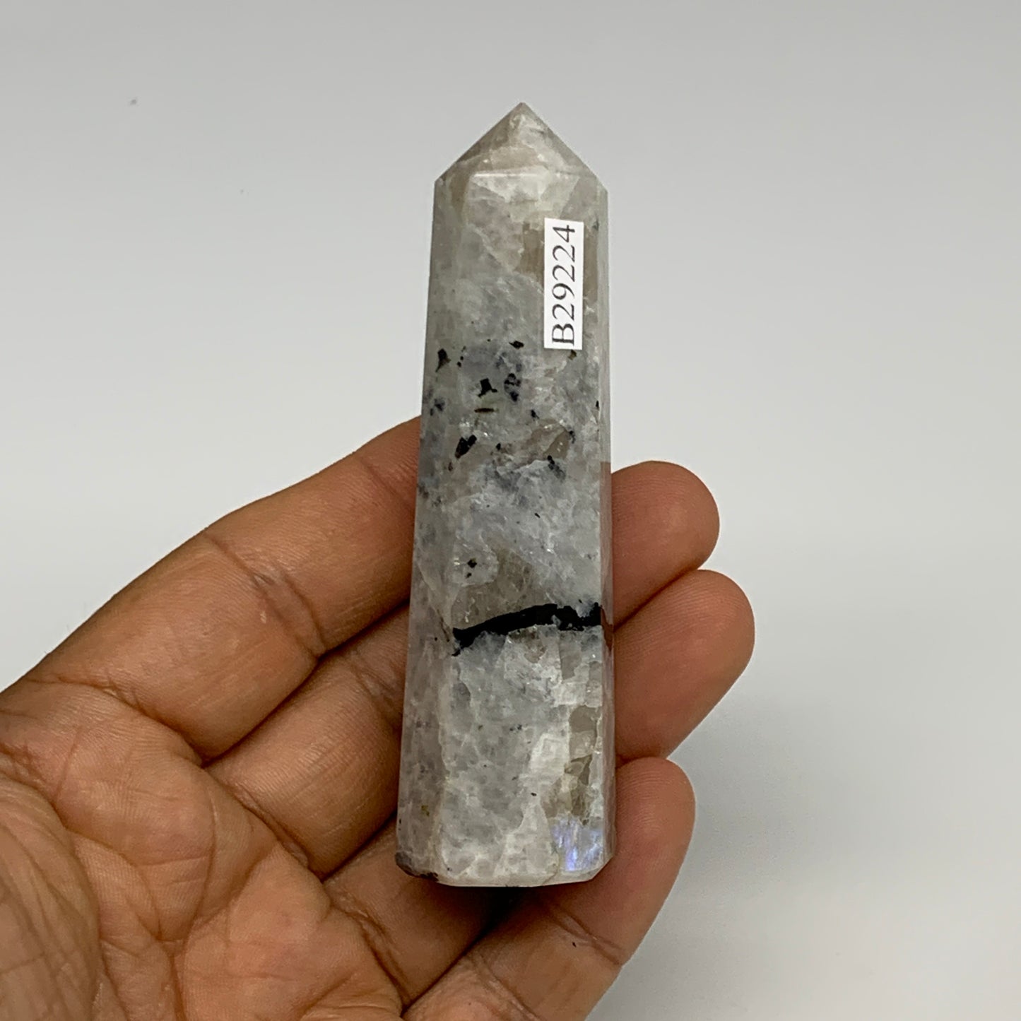 74.8g, 3.4"x0.9", Rainbow Moonstone Tower Obelisk Point Crystal @India, B29224