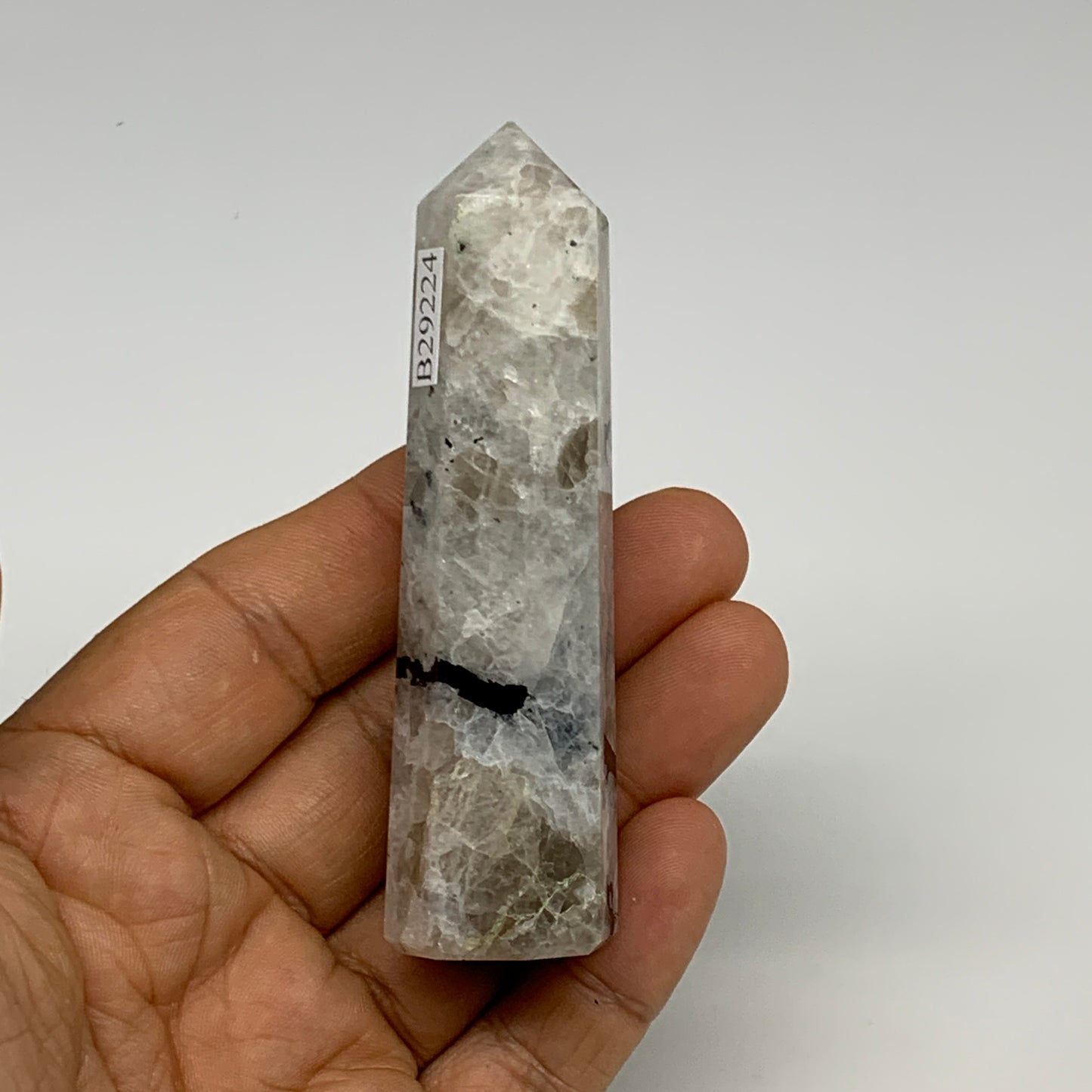 74.8g, 3.4"x0.9", Rainbow Moonstone Tower Obelisk Point Crystal @India, B29224