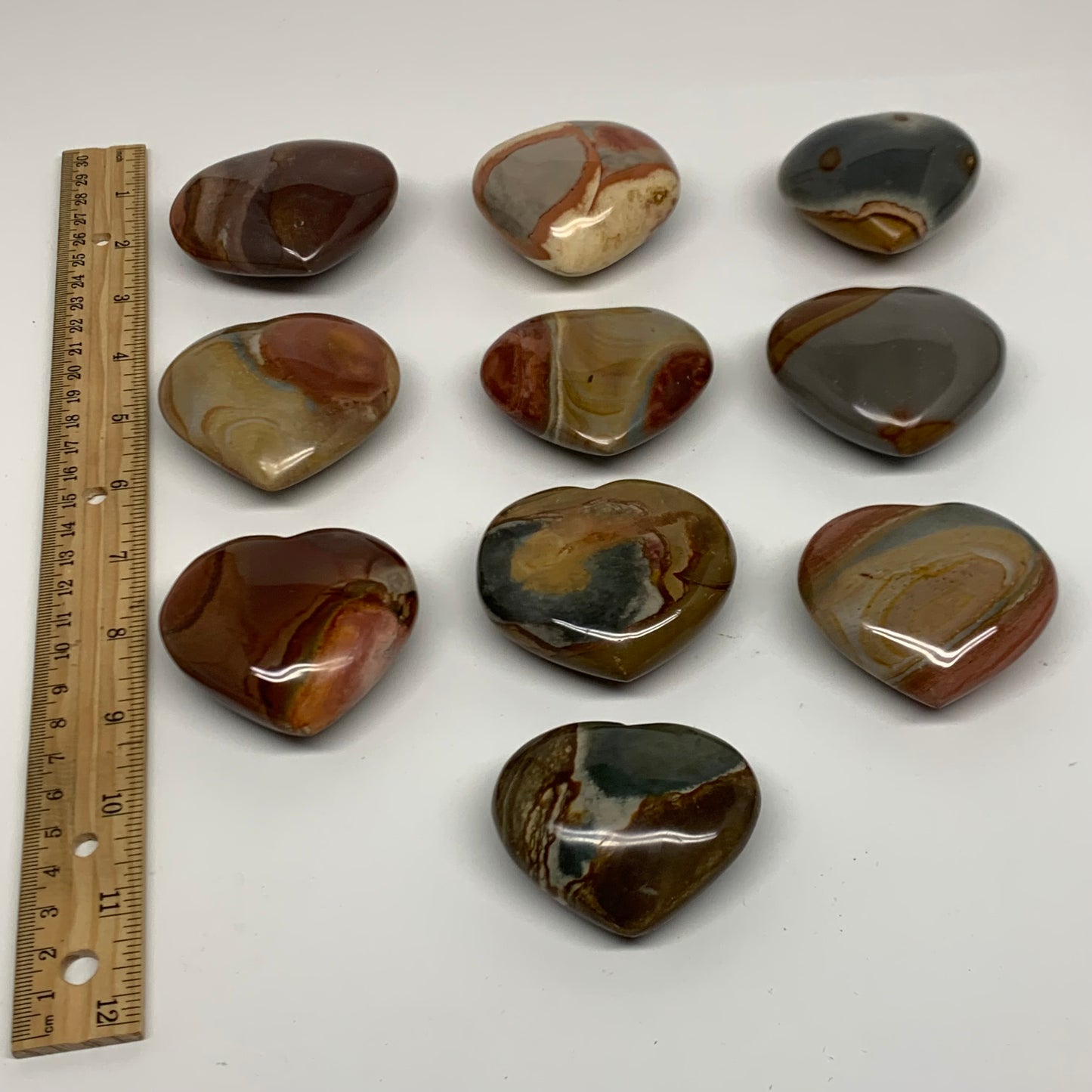 2.54 lbs, 2"-2.4", 10pcs, Polychrome Jasper Heart Polished Crystal, B38078