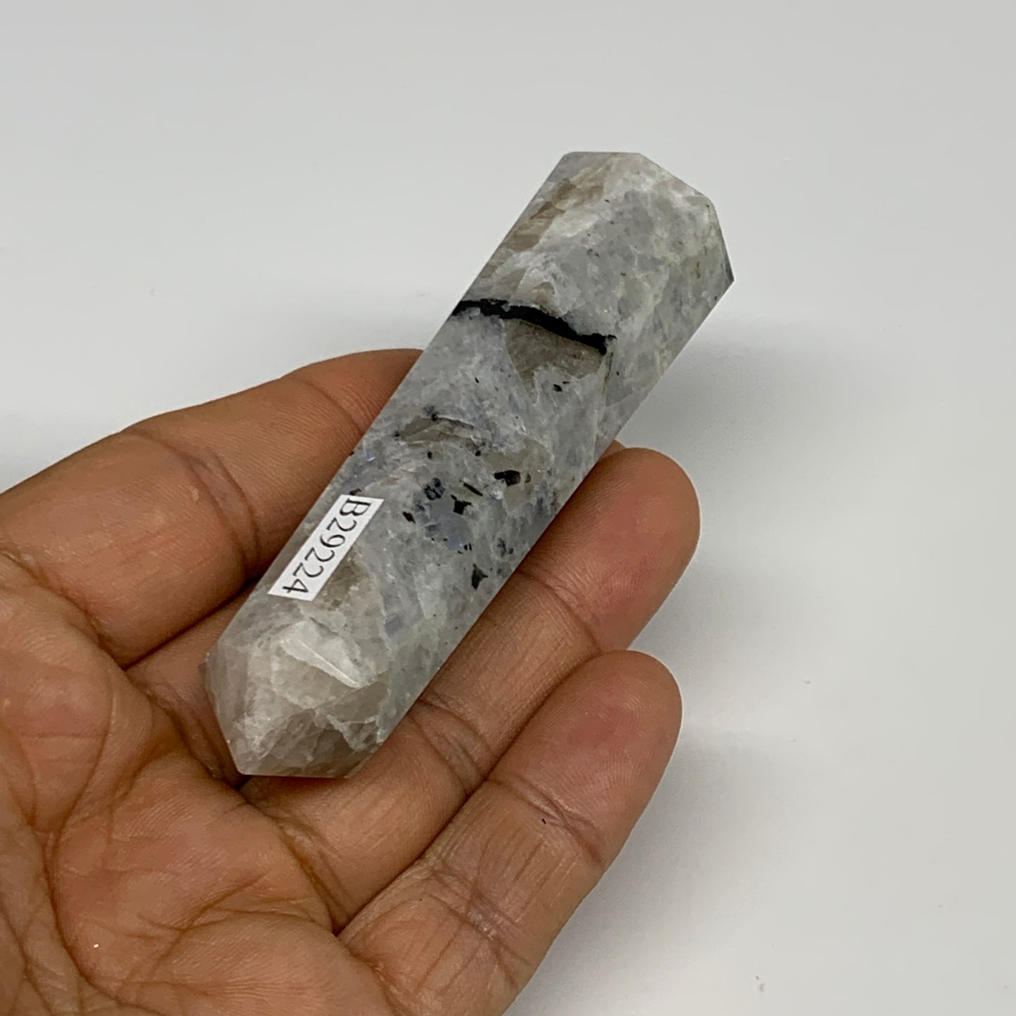 74.8g, 3.4"x0.9", Rainbow Moonstone Tower Obelisk Point Crystal @India, B29224