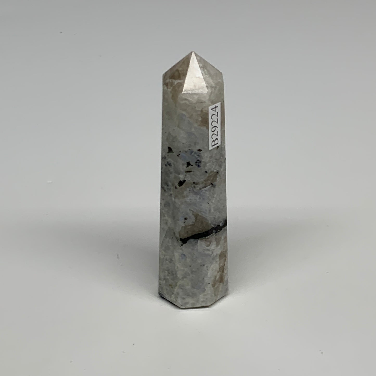 74.8g, 3.4"x0.9", Rainbow Moonstone Tower Obelisk Point Crystal @India, B29224