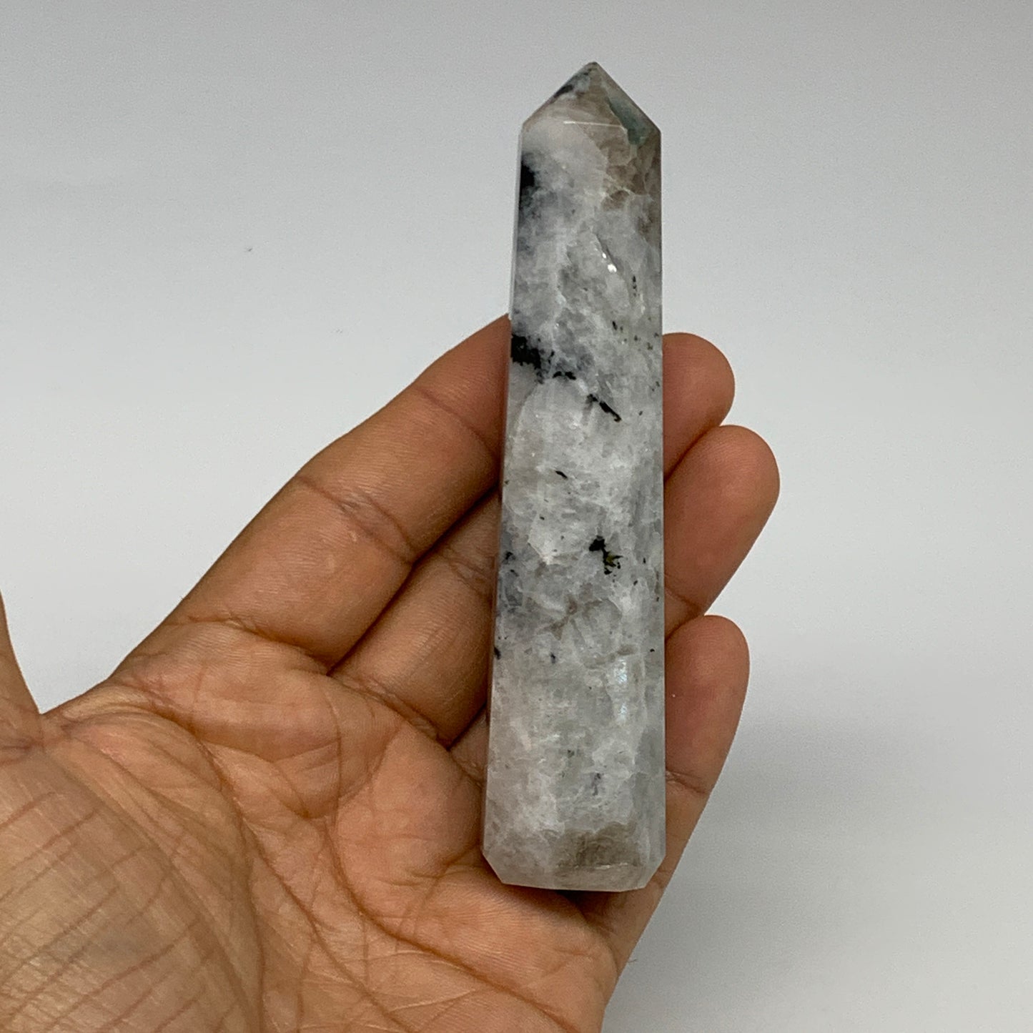 95.7g, 4.2"x0.9", Rainbow Moonstone Tower Obelisk Point Crystal @India, B29223