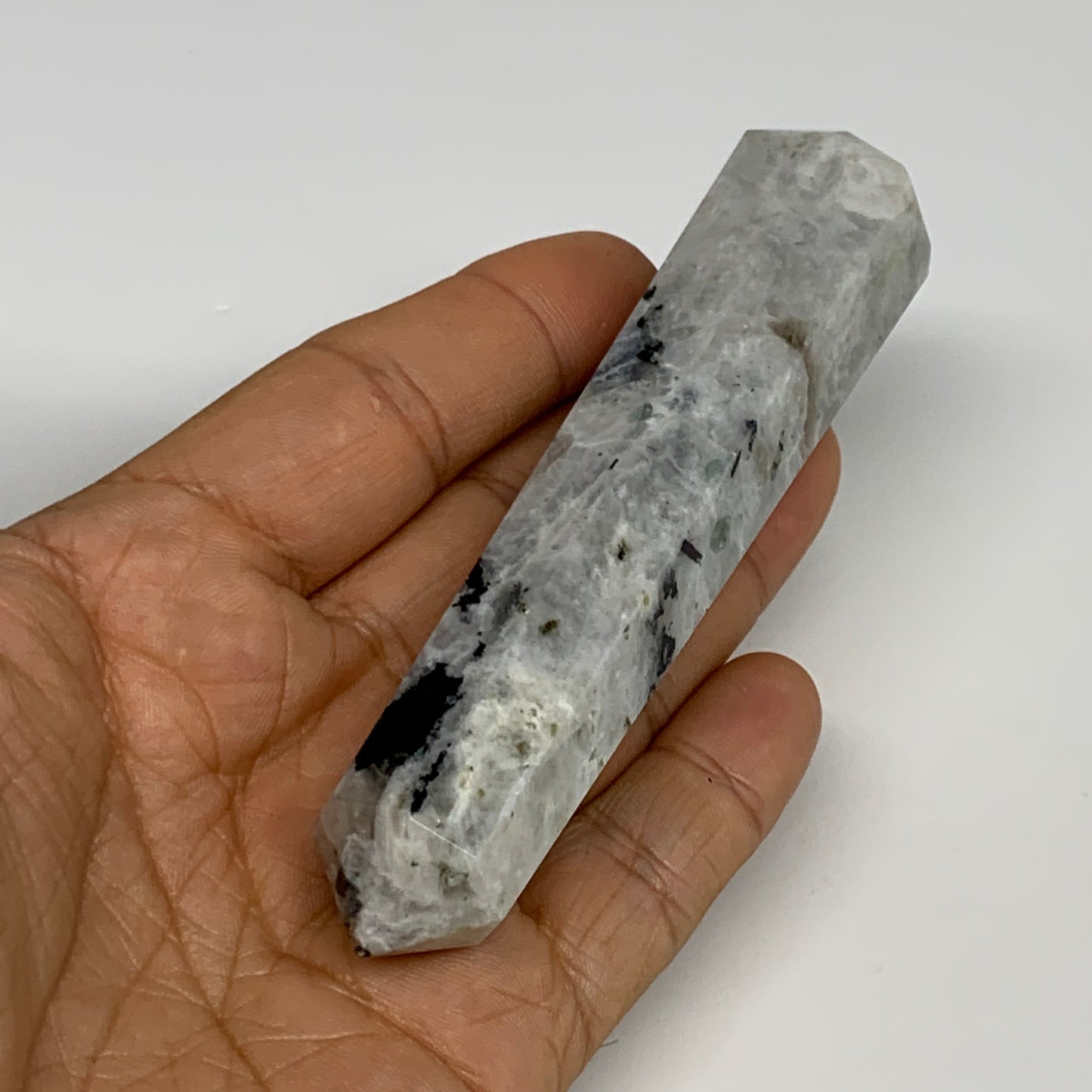 95.7g, 4.2"x0.9", Rainbow Moonstone Tower Obelisk Point Crystal @India, B29223