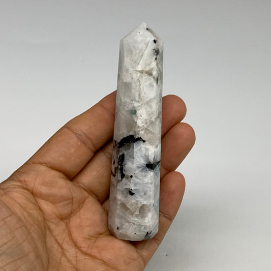 85.3g, 4"x0.8", Rainbow Moonstone Tower Obelisk Point Crystal @India, B29222
