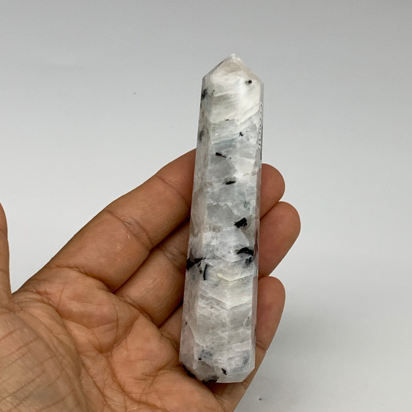 85.3g, 4"x0.8", Rainbow Moonstone Tower Obelisk Point Crystal @India, B29222