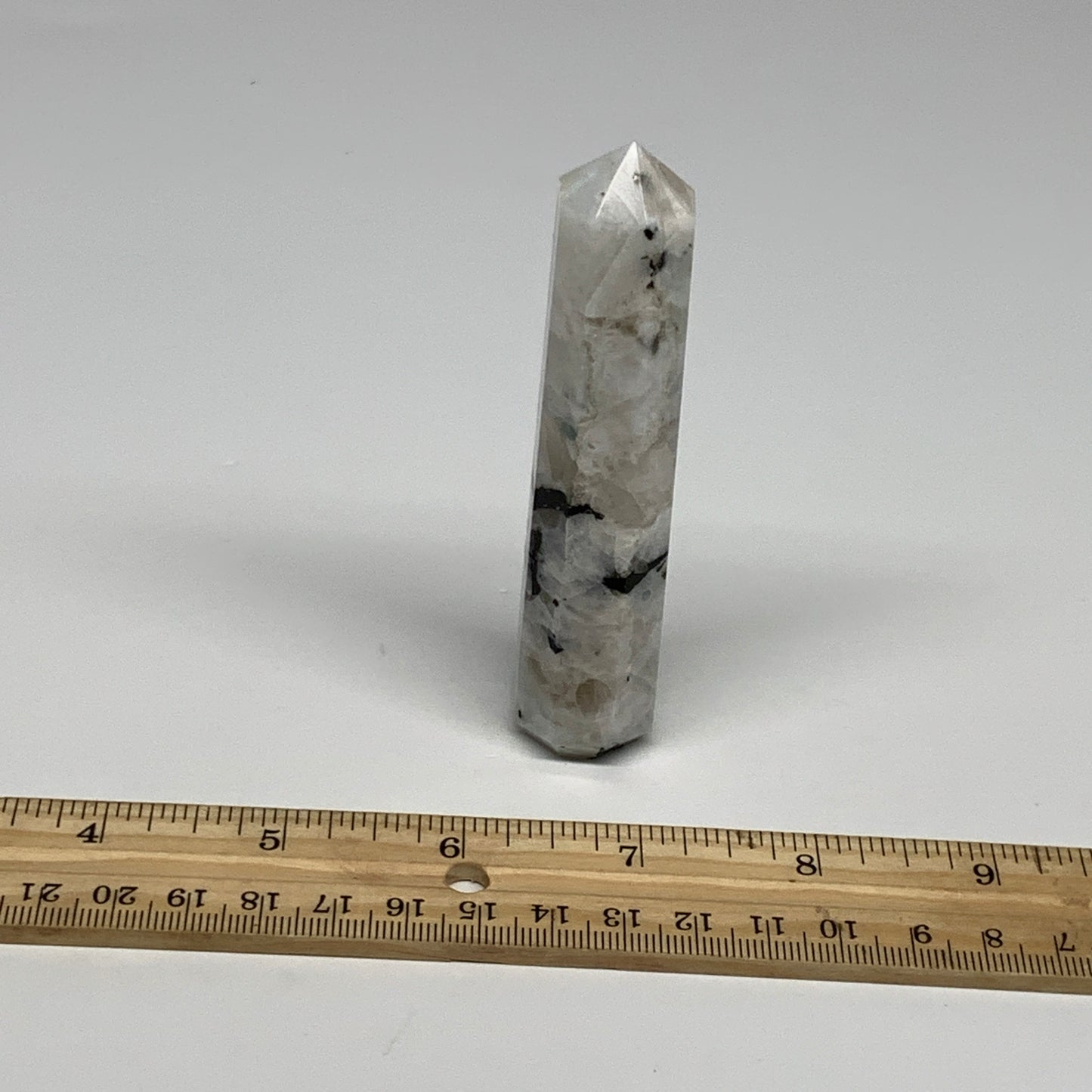 85.3g, 4"x0.8", Rainbow Moonstone Tower Obelisk Point Crystal @India, B29222