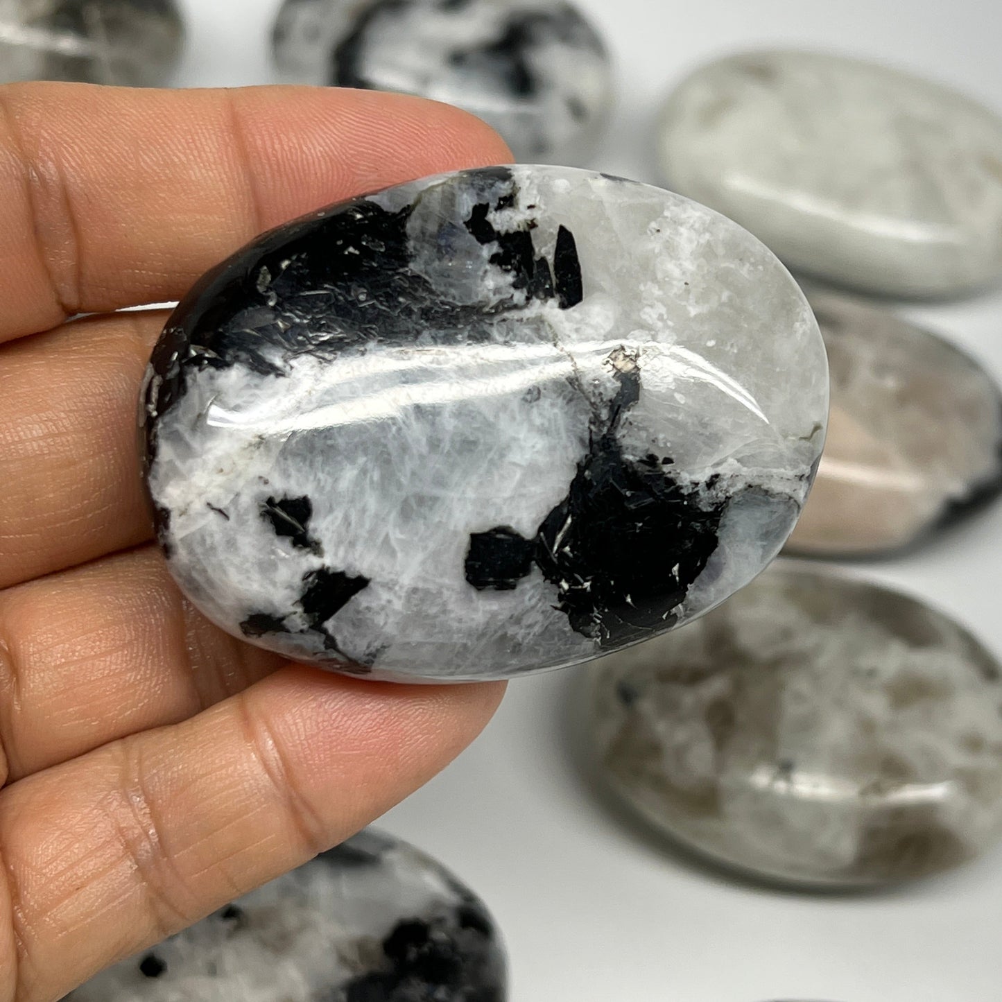 2.2 lb, 2"-2.4", 14 pcs, Rainbow Moonstone Palm-Stone Polished Crystal, B21346